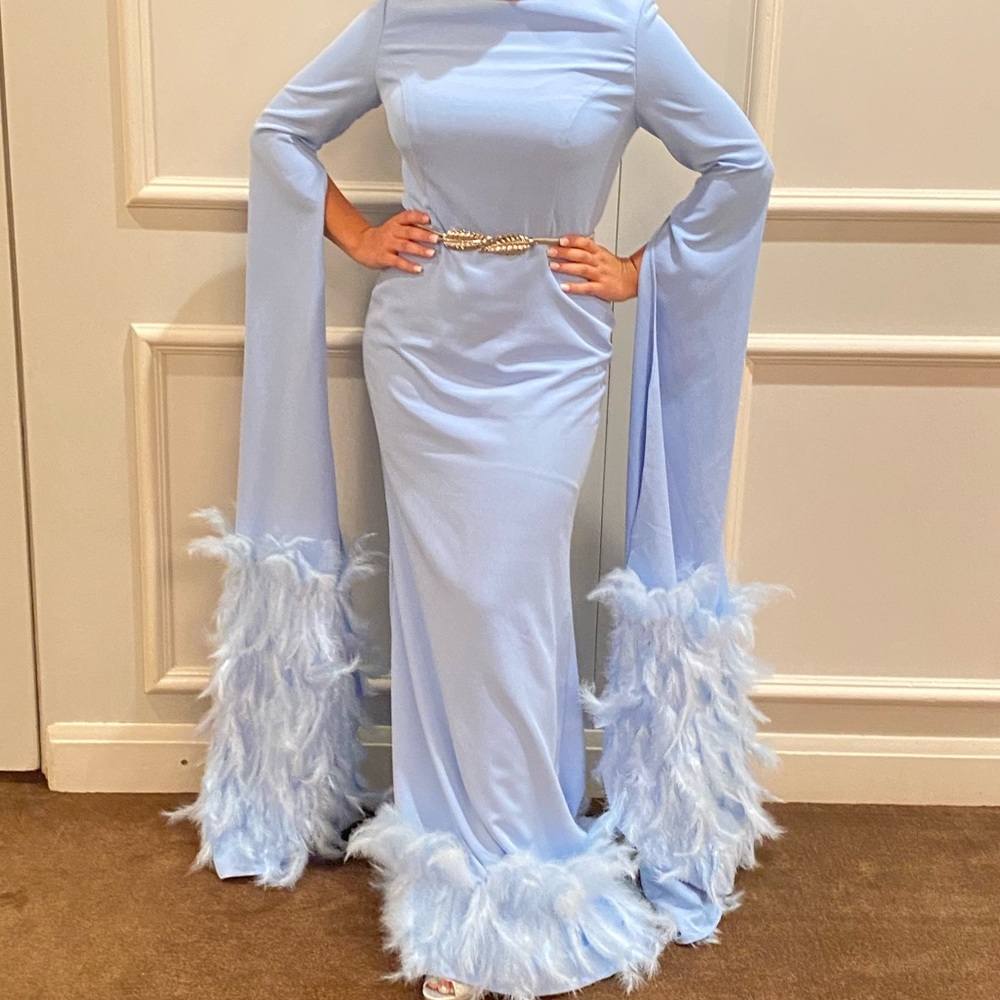 Custom made modest baby blue gown with feathers